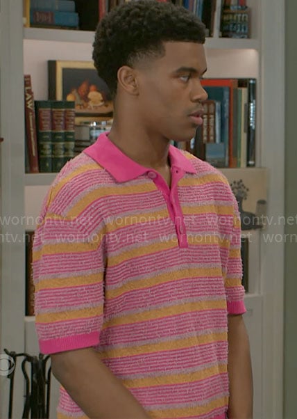 Tyrell’s pink striped polo shirt on Beyond the Gates