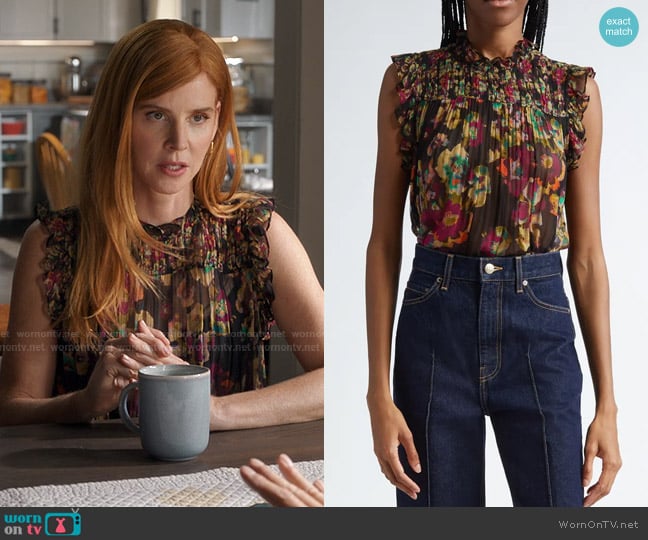 Ulla Johnson Georgina Ruffled Printed Silk-georgette Top in Cosmic worn by Katherine Walter (Sarah Rafferty) on My Life with the Walter Boys