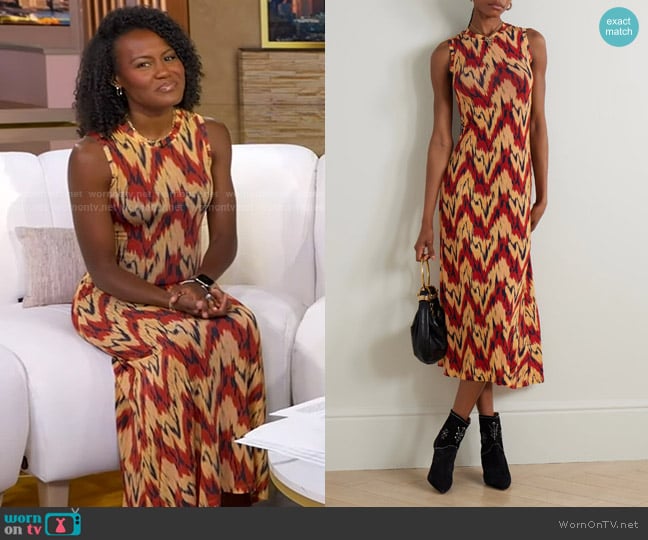 Janai’s beige and red print dress on GMA
