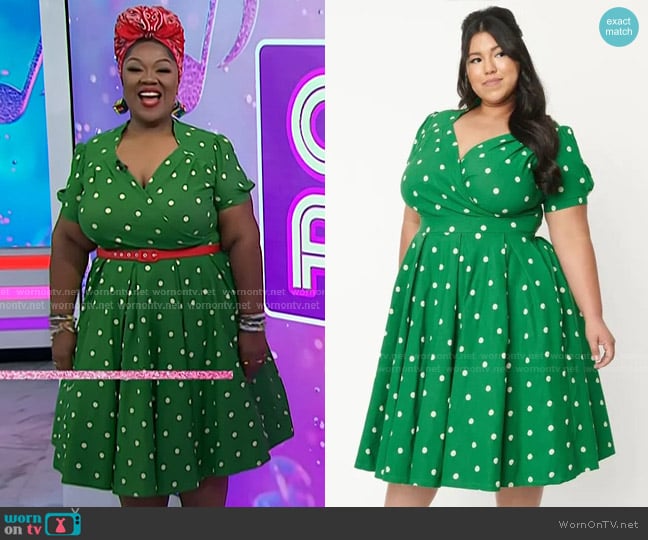 Unique Vintage Plus Size Polka Dot Lucille Swing Dress in Green & Pink worn by Cheryl Porter on Today