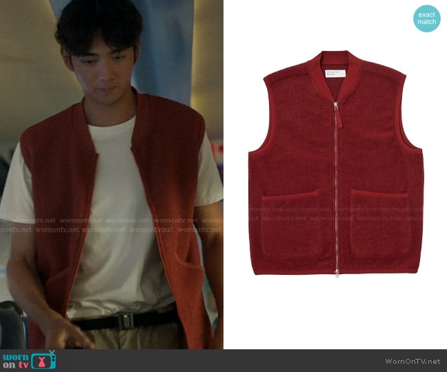 Universal Works Zip Waistcoat Wool in Deep Red worn by Steven (Sean Kaufman) on The Summer I Turned Pretty