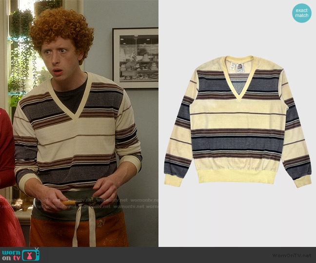 Urban Outfitters Kennington Striped Velour V-Neck Sweater worn by Brady Hobbes (Niall Cunningham) on And Just Like That