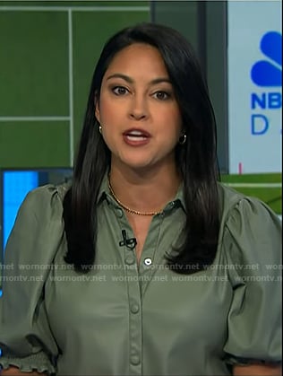 Valerie Castro’s green puff sleeve top on NBC News Daily