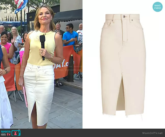 Veronica Beard Breves Denim Midi Skirt in Ecru worn by Savannah Guthrie on Today