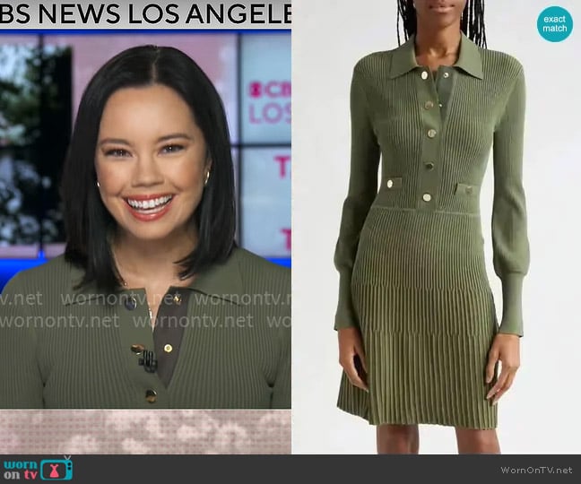 Veronica Beard Lauper Dress in Stone Army worn by Jo Ling Kent on CBS Mornings