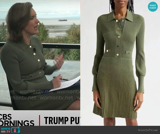 Veronica Beard Lauper Dress in Stone Army worn by Margaret Brennan on CBS Mornings