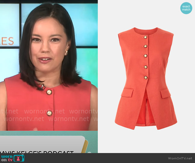 Veronica Beard Lois Linen-Blend Button-Front Vest in Persimmion worn by Jo Ling Kent on CBS Mornings