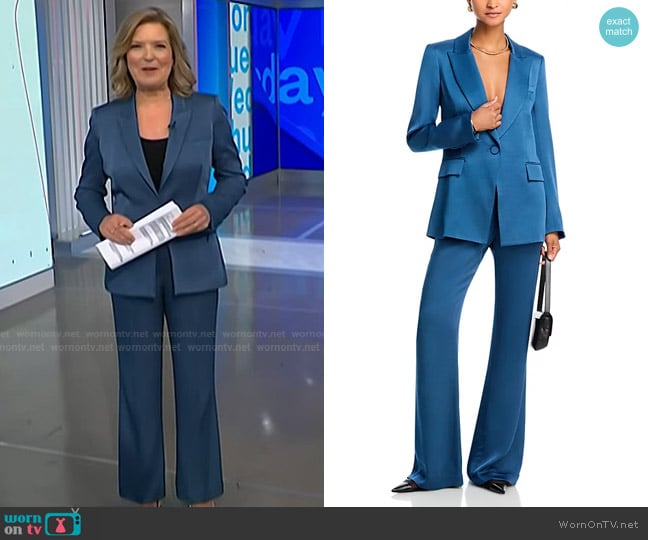 Veronica Beard Long & Lean Dickey Jacket and Lebone Satin Wide Leg Pants worn by Christine Romans on NBC News Daily