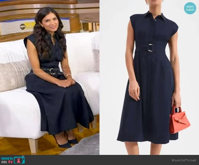Veronica Beard Loreta Belted Linen Dress in Navy worn by Dr. Mona Potter on Good Morning America