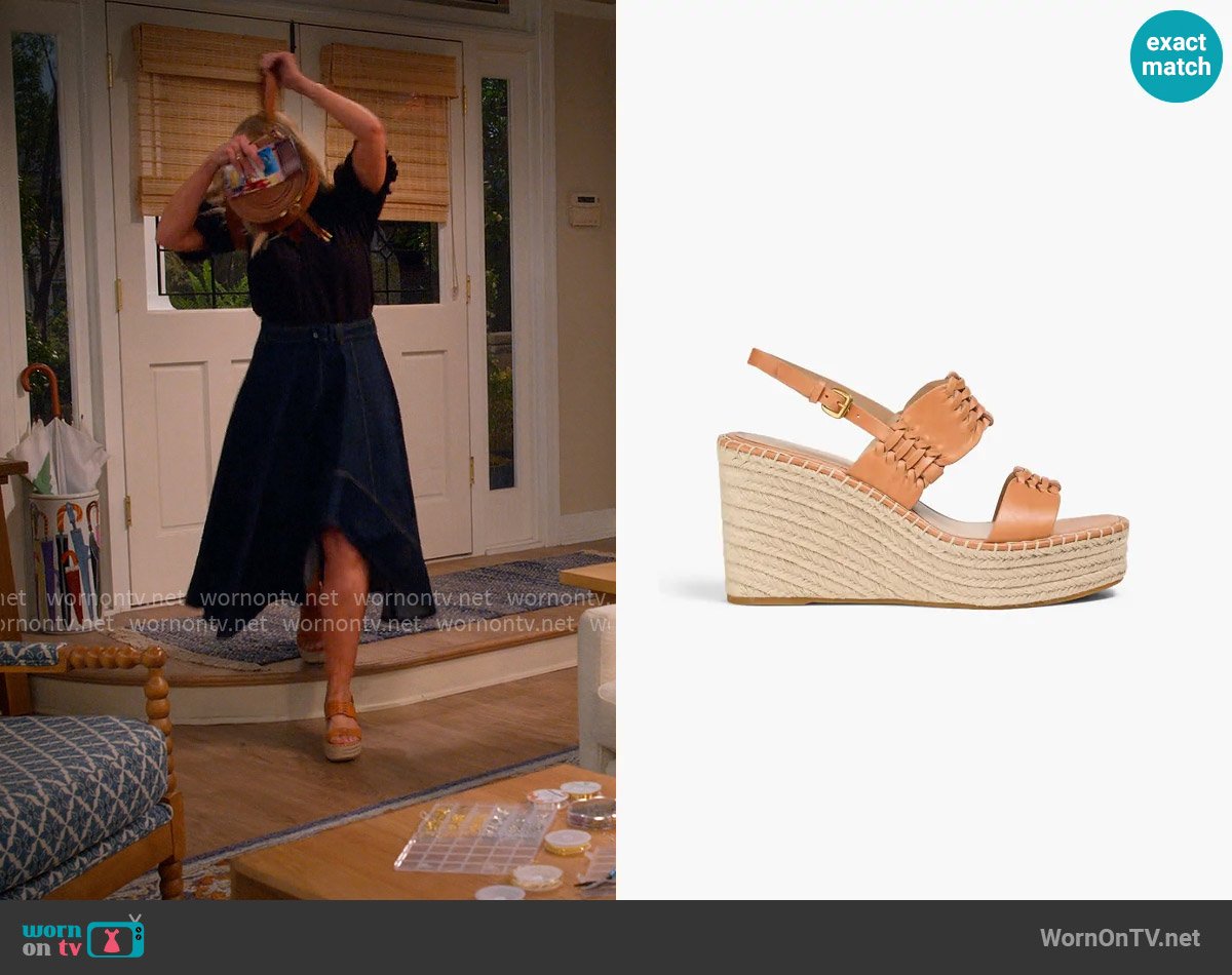 Veronica Beard Riya leather espadrille wedge sandals worn by Leanne Murphy (Leanne Morgan) on Leanne