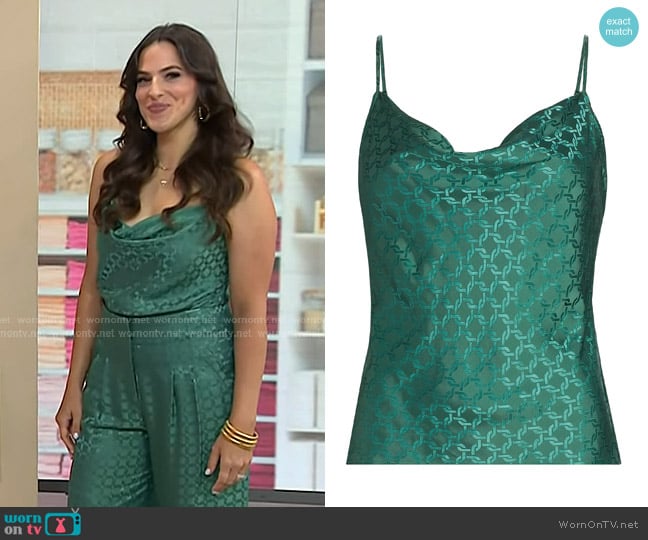 Veronica Beard Sola Cowl Neck Satin Camisole in Clover worn by Janelle Lam on Today