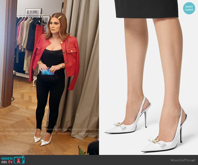 Versace Gianni Ribbon Mid Slingback Heels in White worn by Stephanie Shojaee (Stephanie Shojaee) on The Real Housewives of Miami