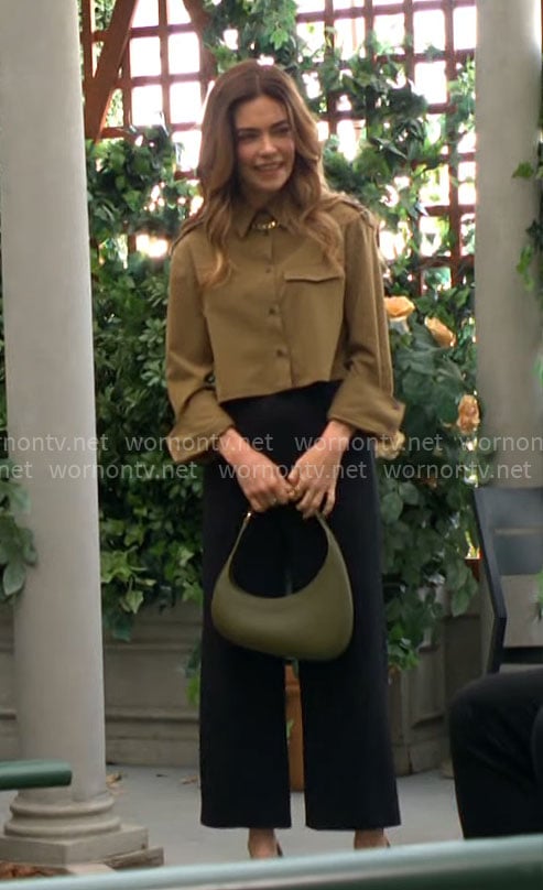Victoria's olive green cropped button down shirt on The Young and the Restless