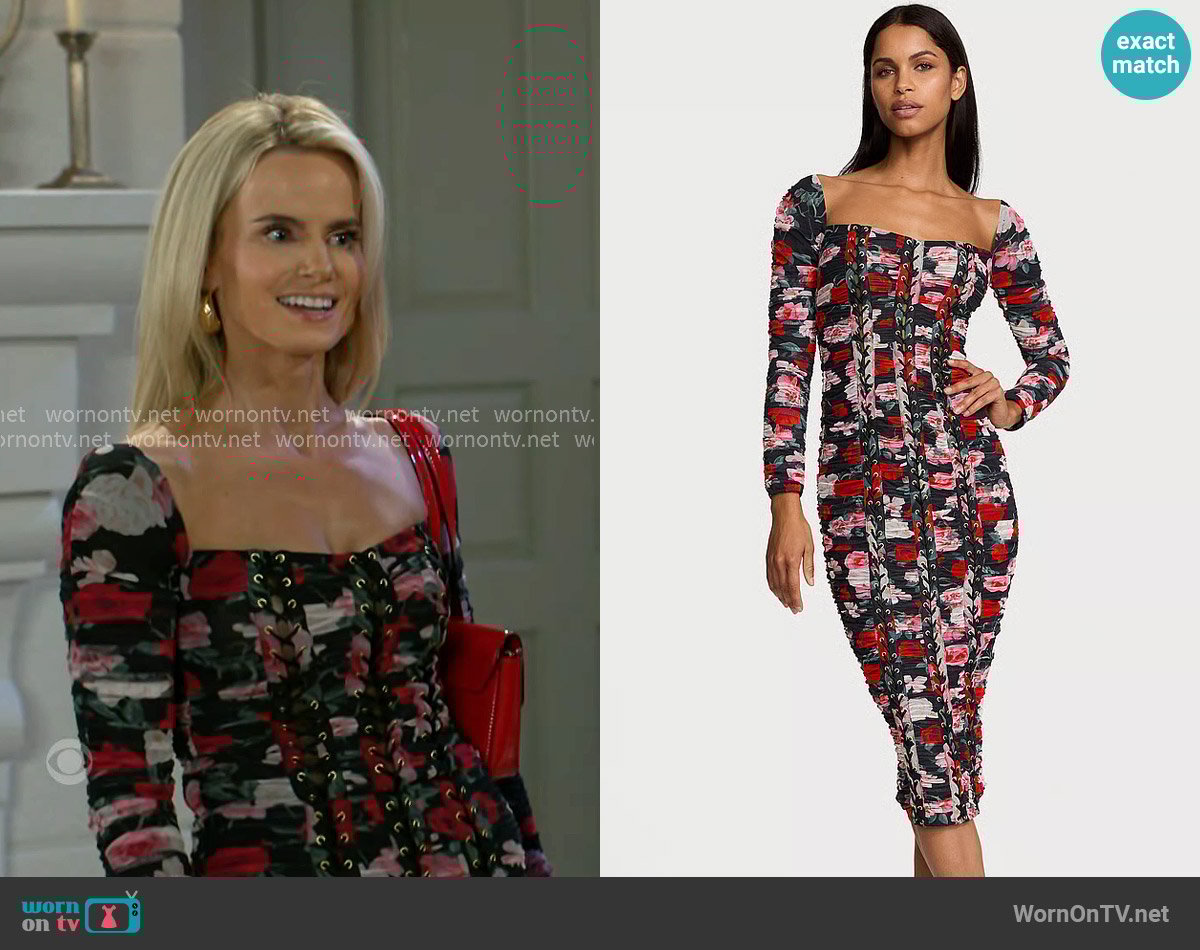 Victorias Secret Noir Floral Shirred Mesh Lace-Up Midi Dress worn by Vanessa McBride (Lauren Buglioli) on Beyond the Gates