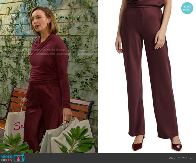 Vince Fluid Bias-Cut Satin High-Rise Trousers in Black Rose worn by Gwen Rizczech (Emily O'Brien) on Days of our Lives