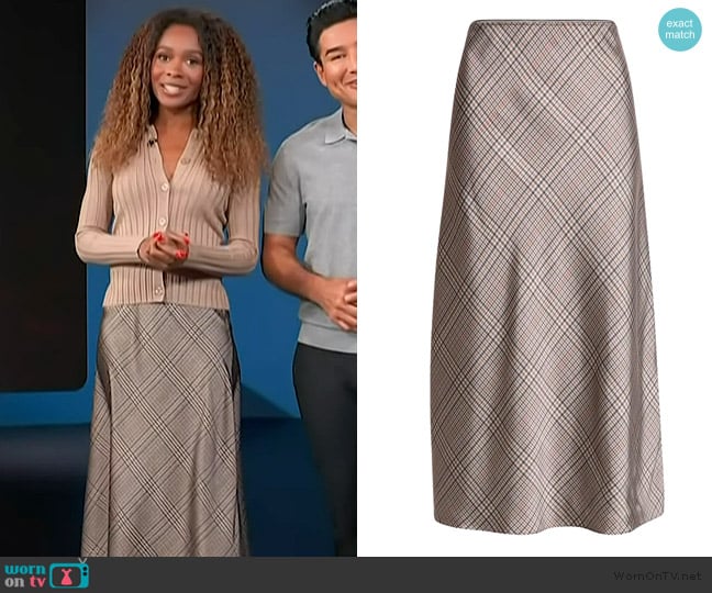 Vince Pressed Plaid Satin Slip Skirt worn by Zuri Hall on Access Hollywood