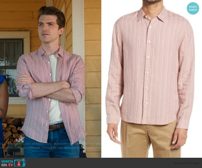 Vince Stripe Linen Button-up Shirt In Himalayan Optic White worn by Will (Johnny Link) on My Life with the Walter Boys