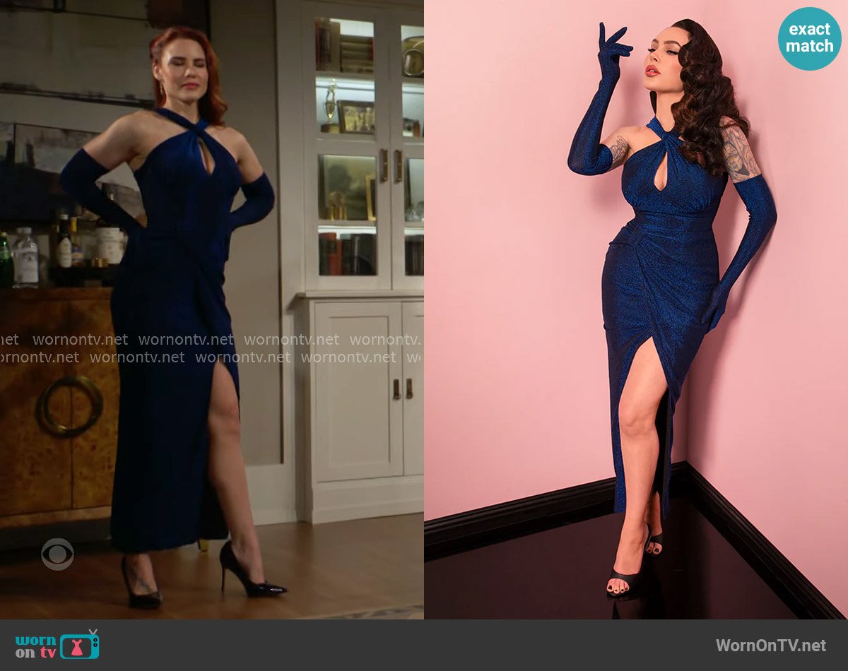Vixen by Micheline Pitt Golden Era Gown and Glove Set in Midnight Blue Sparkle worn by Sally Spectra (Courtney Hope) on The Young and the Restless