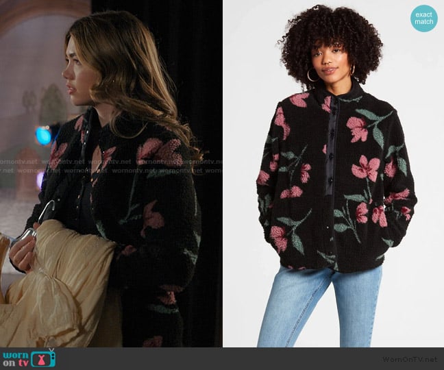 Volcom Black Floral Bloom Box Mock Neck Jacket worn by Erin (Alisha Newton) on My Life with the Walter Boys