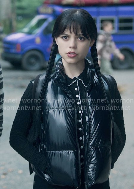 Wednesday's black puffer vest on Wednesday