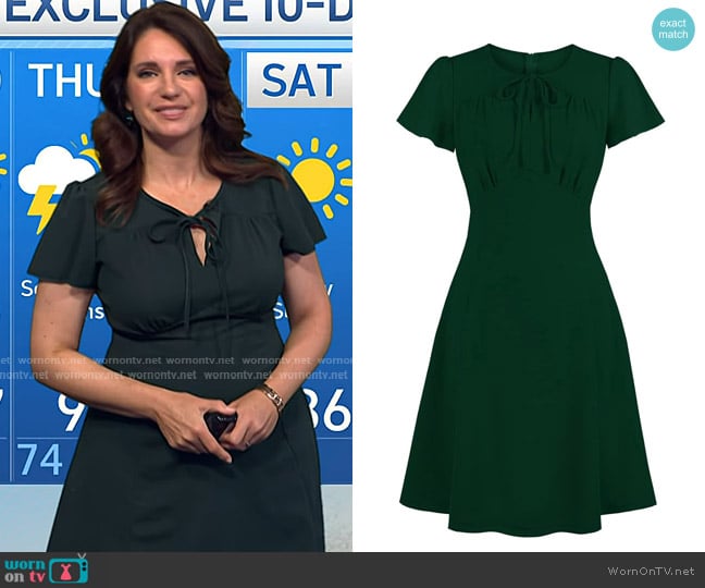 Wellwits at Amazon Bow Tie Front 1940s Vintage Collared Cocktail Dress in Ruched Green worn by Maria Larosa on Today
