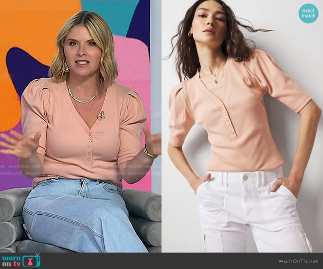 White House Black Market Ribbed Stretch Henley Top in Bisou worn by Jenna Bush Hager on Today
