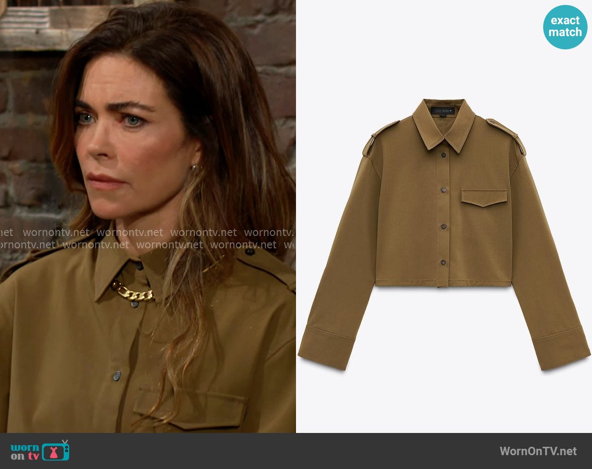 Zara Lapel Collar Cropped Shirt worn by Victoria Newman (Amelia Heinle) on The Young and the Restless