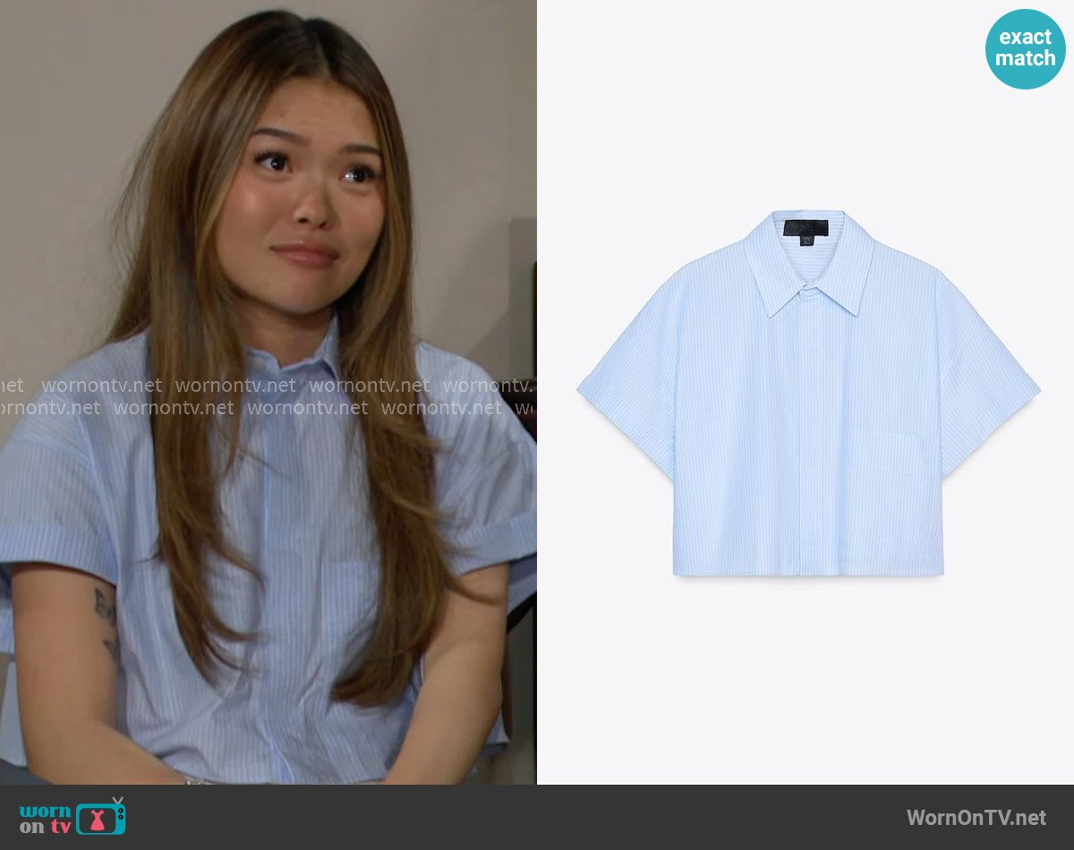 Zara Poplin Crop Shirt in White / Sky Blue worn by Luna (Lisa Yamada) on The Bold and the Beautiful