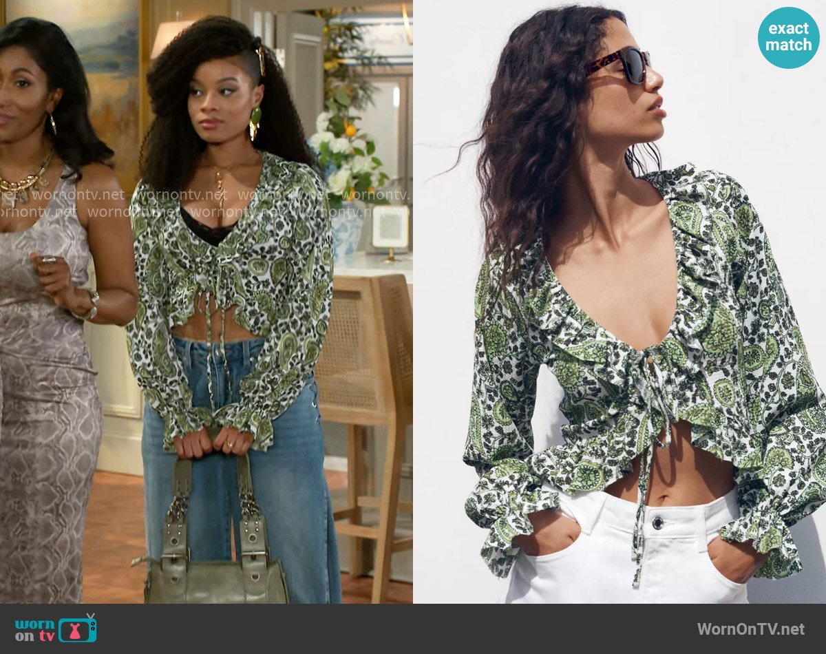 Zara V-neck Top with Ruffles worn by Eva Thomas (Ambyr Michelle) on Beyond the Gates