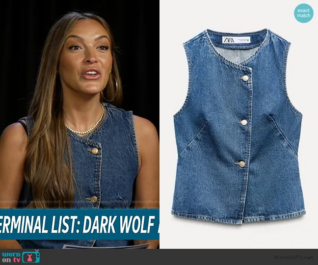 Zara Z1975 Denim Vest worn by Emily Orozco on Access Hollywood