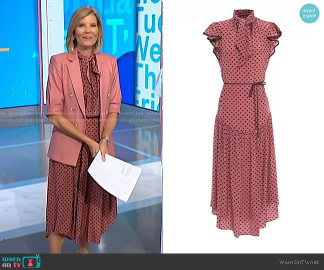 Zimmermann Espionage Flutter Tie-Neck Silk Midi Dress in Antique Rose worn by Kate Snow on NBC News Daily