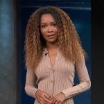 Zuri’s beige ribbed cardigan and skirt on Access Hollywood