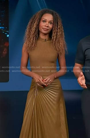 Zuri’s brown ribbed knit top and pleated leather skirt on Access Hollywood