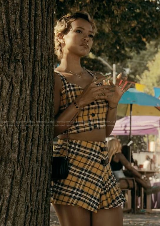 Zuri's yellow plaid top and mini skirt on The Chi