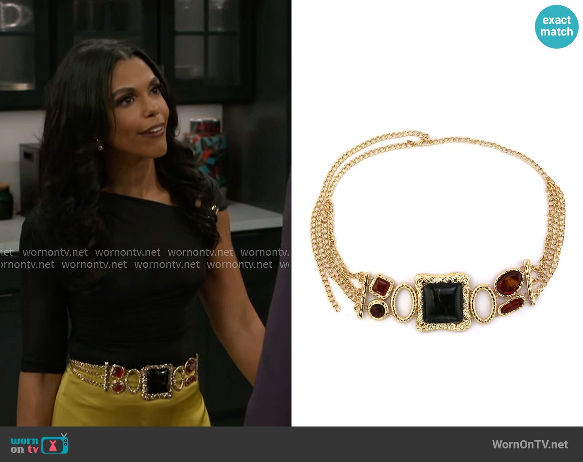 12th Tribe Soleil Statement Stone Gold Chain Belt worn by Dani Dupree (Karla Mosley) on Beyond the Gates
