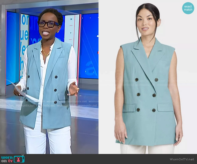 A New Day Double Breasted Blazer Vest in Teal worn by Zinhle Essamuah on NBC News Daily