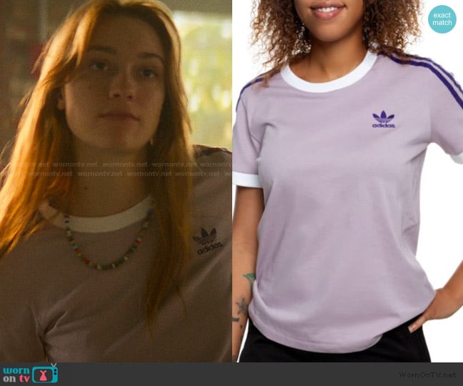 Adidas 3 Stripes Lavender Tee worn by Ruthie Bender (Marley Aliah) on The Runarounds