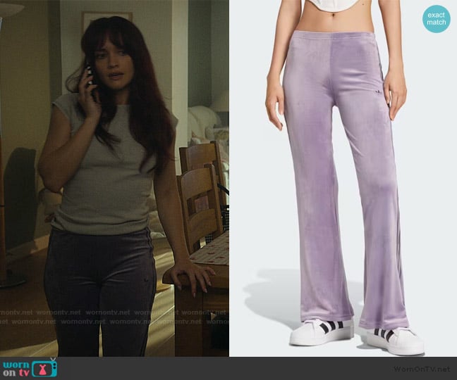 Adidas Crushed Velvet Flared Pants worn by Cherry Laine (Olivia Cooke) on The Girlfriend