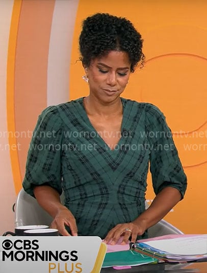 Adriana Diaz's green plaid v-neck dress on CBS Mornings