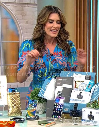 Adriane Kiss' blue tropical print dress on CBS Mornings