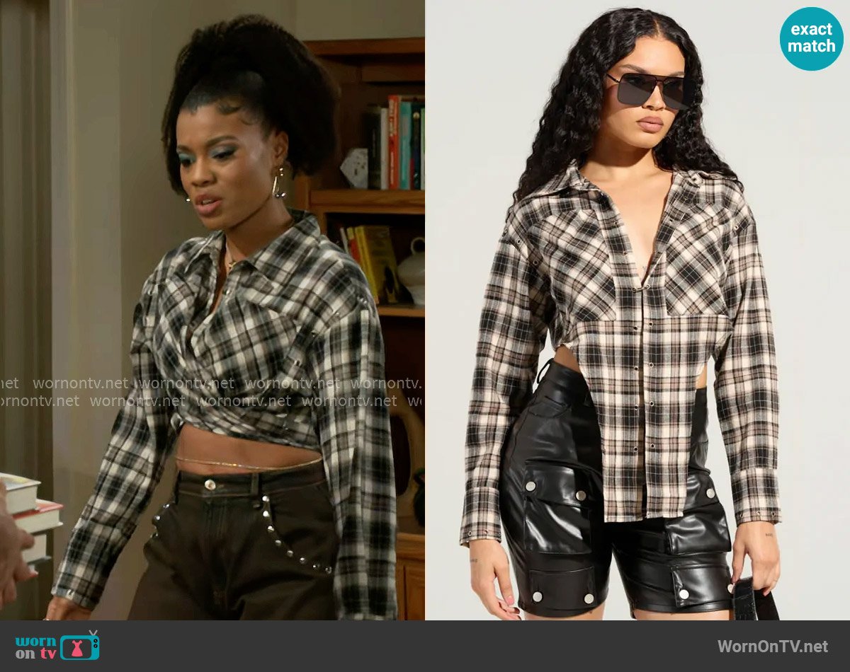 Akira Miss Perfect Plaid Button Down worn by Eva Thomas (Ambyr Michelle) on Beyond the Gates
