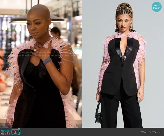 Akira The One Feather Trimmed Open Back Blouse worn by Guerdy Abraira (Guerdy Abraira) on The Real Housewives of Miami