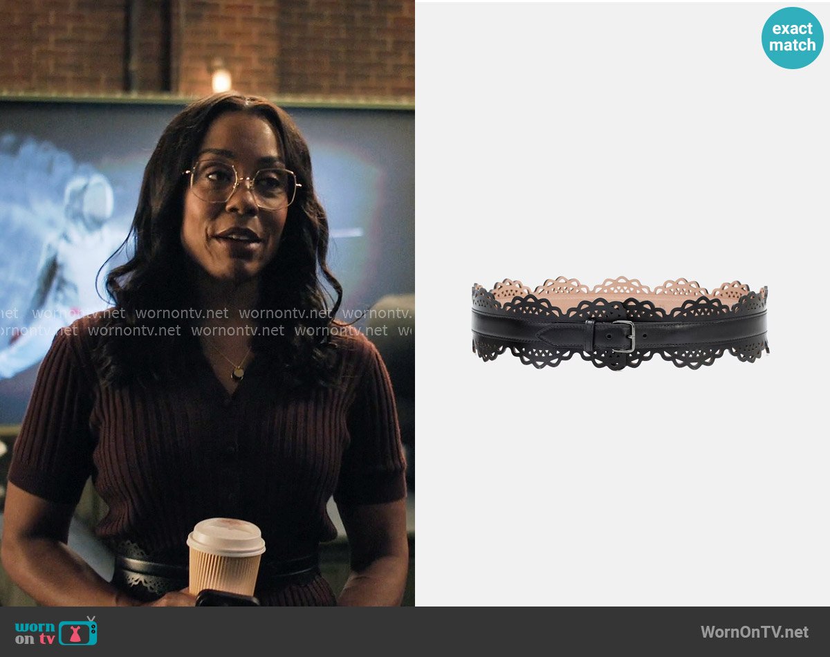 Alaia Laser-cut leather belt worn by Mia Jordan (Karen Pittman) on The Morning Show