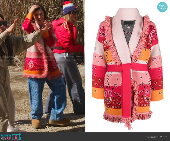 Alanui Belted Fringed Striped Cashmere-jacquard Cardigan in Red worn by Bronwyn Newport on The Real Housewives of Salt Lake City