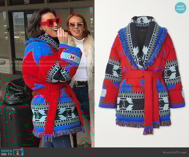 Alanui Icon Belted Fringed Quilted Wool-jacquard Down Jacket in Red worn by Bronwyn Newport on The Real Housewives of Salt Lake City