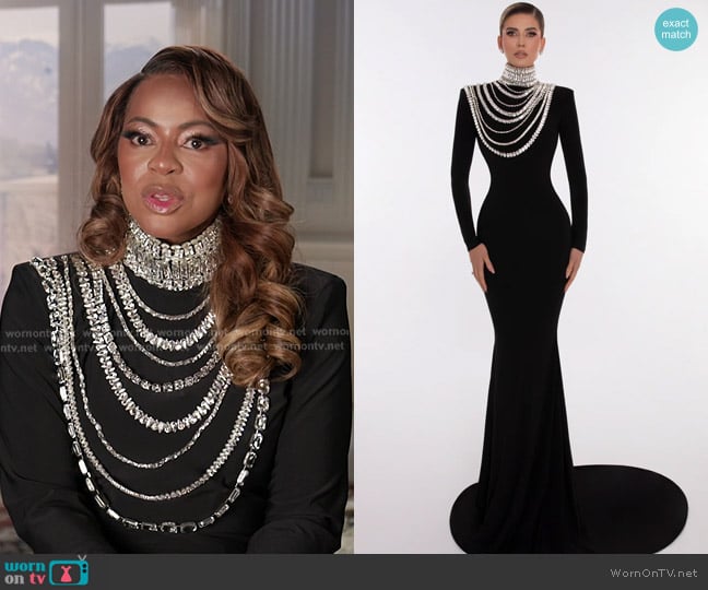 Albina Dyla Jewel-Embellished Black Dress worn by Mary Cosby on The Real Housewives of Salt Lake City
