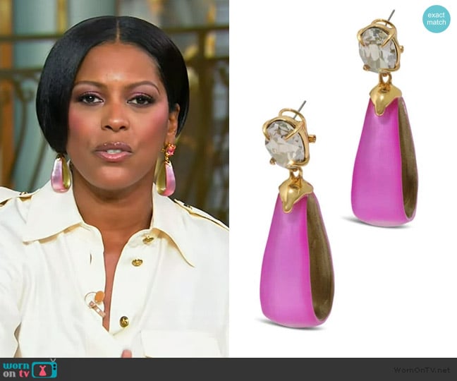 Alexis Bittar Bonbon crystal lucite teardrop hoop earrings worn by Tamron Hall on Tamron Hall Show