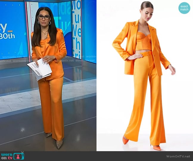 Alice + Olivia Denny Single-Breasted Blazer and Deanna Pant worn by Morgan Radford on NBC News Daily