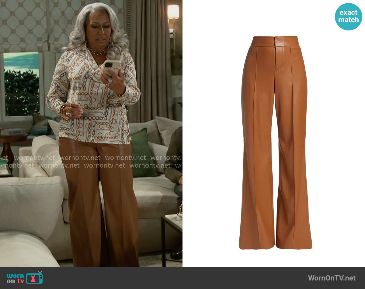 Alice + Olivia Dylan Faux Leather Pants in Camel worn by Anita Dupree (Tamara Tunie) on Beyond the Gates
