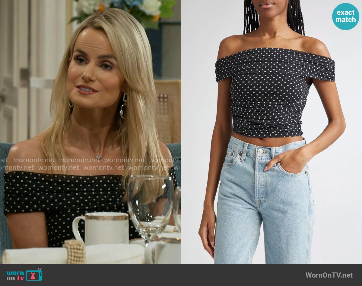 Alice + Olivia Isadola Top in Black/Off White Polka Dot worn by Vanessa McBride (Lauren Buglioli) on Beyond the Gates